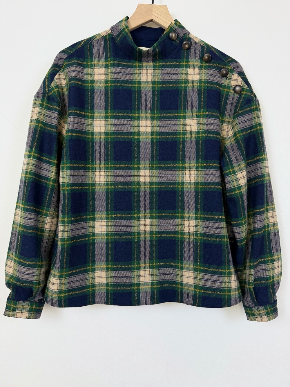 Sezane Ozalee Plaid Wool Blend Blouse Green Blue
